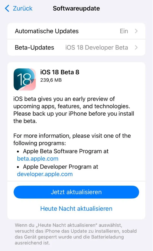 大理苹果手机维修分享苹果 iOS / iPadOS 18 开发者预览版 Beta 8 发布 